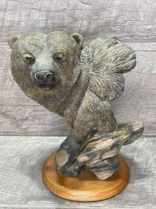 Bear Figure Head on Driftwood Hand Painted Composite 8” Tall Bronze Color - Picture 1 of 9