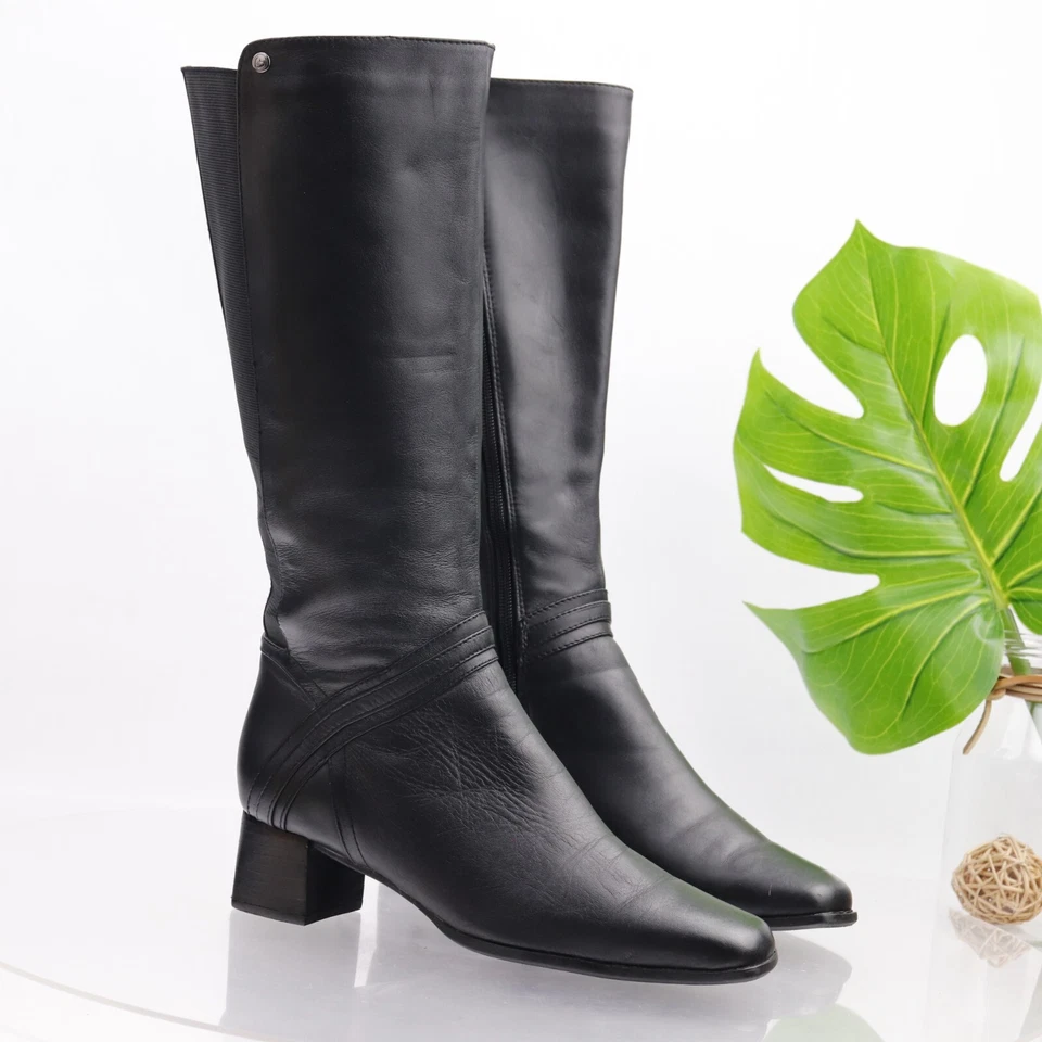 Bota Blonda Para Mujer Talla 8.5 AMPLIA Alta Y2K Tacón Bajo Bloque Cuero Negro Elástico Foto 1 de 4