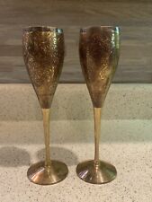 Pair of Brass Plated Wine Goblets with Etched Flowers Design, Beautiful Patina