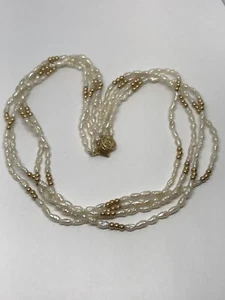 14k Gold Estate Vintage Necklace Rice Pearl Triple Strand 16” - Picture 1 of 7