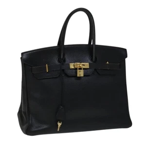 HERMES Birkin 35 Hand Bag Leather Black Gold Auth S1588 - Picture 1 of 24