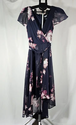 Vestido envolvente DKNY para mujer azul marino floral manga acampanada talla 6 nuevo con etiquetas Foto 1 de 4