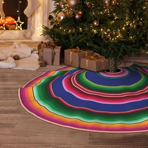 Christmas Tree Skirt 36" Round Serape Stripes Mexican Bold Colors Faux Linen ... - Picture 1 of 8