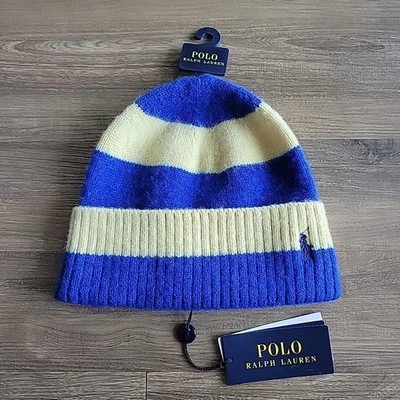 Polo Ralph Lauren шляпа Beanie Gold Bugel Royal матовый 100% шерсти в полоску новый - Изображение 1 из 4
