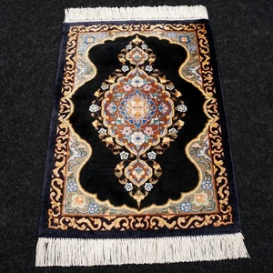 Seidenteppich Ghom 40 x 29 cm Orient Perser Teppich Schwarz Gold Handgeknüpft - Bild 1 von 12