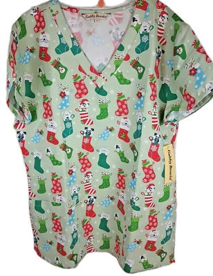 Christmas Dog Cat  Stocking Christmas Scrub Top S Gabby Brooks 2 Hem pockets New - Image 1 of 4