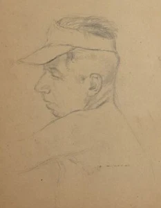 Antique pencil drawing male with hat profile portrait - Picture 1 of 10