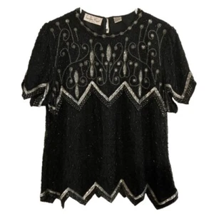 Blusa Top Vintage Laurence Kazar Negra y Plateada 100% Seda Cuentas Lentejuelas, Talla XL - Imagen 1 de 10
