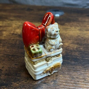 Trinket Jewelry Box Porcelain Limoge Bear Gift Big Red Bow Elephant Christmas - Picture 1 of 10