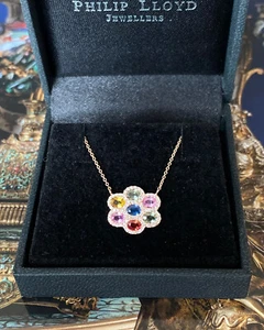 Contemporary Multi-Coloured Sapphire and Diamond Cluster Pendant 18ct Rose Gold - Picture 1 of 3
