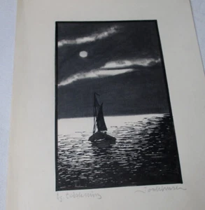Alte signierte maritime Original Tuschezeichnung Boot und Meer - Bild 1 von 10