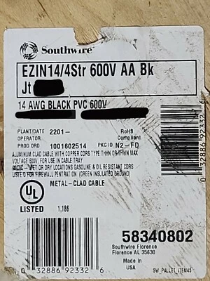 Southwire 14/4C EZ-IN Mini-Split THHN PVC+MC 600V 90C Entierro Directo Negro/10 ft Foto 1 de 4