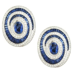 Lab Sapphire Statement Stud Earrings 925 Fine Silver Red Carpet Luxury Jewelry - Picture 1 of 3