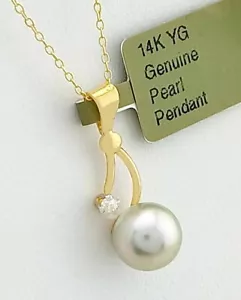 GENUINE PEARL & DIAMOND PENDANT 14K YELLOW GOLD - New With Tag - Picture 1 of 5