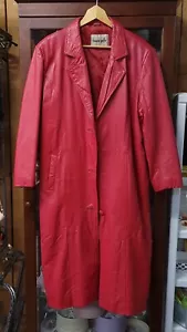 Vintage Donna Pelle Genuine Leather Coat 80s Red Long Jacket Size XL RARE - Picture 1 of 11