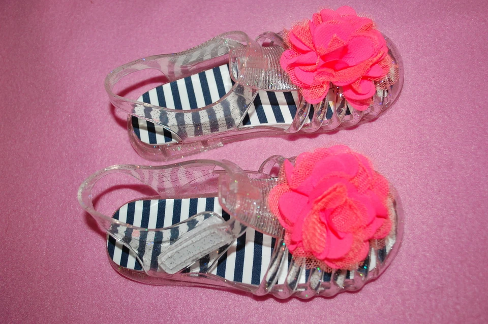 Toddler Girls CLEAR GEL SILVER GLITTER SANDALS Pink Coral Flower SIZE 7 8 9 10  - Image 1 of 1