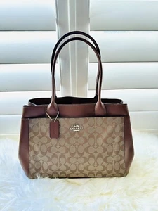 NWT COACH F31474 Brown Leather Casey Tote Khaki Signature Canvas Carryall Bag - Picture 1 of 9