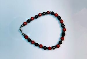 8 inch bracelet hand made red jasper & onyx beads 925 spacers clasp unisex