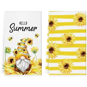 Hello Summer Kitchen Towels Set of 2 Gnome Sunflowers Stripe Dish Towels Hand... - Picture 1 of 6