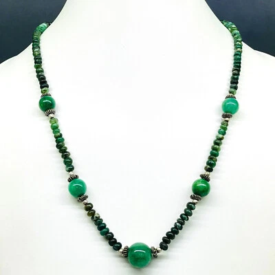 19" Natural Brazilian Emerald Designer Necklace Cabochon Beads 925 Silver Clasp - Image 1 of 4
