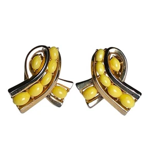 TRIFARI with Crown Gold Tone with YellowLucite Oval Beads Earrings Clip On - Picture 1 of 6