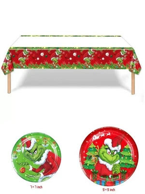 21 Grinch Christmas Party Supplies 10 large 10 small Plates  1 Banner - Image 1 of 4