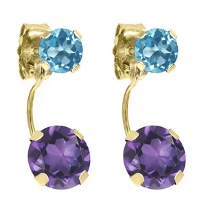 2.16 Ct Round Purple Amethyst Swiss Blue Topaz 14K Yellow Gold Earrings - Picture 1 of 2