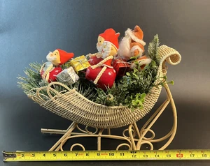 Vtg Christmas Santa Wicker Sleigh Elves Flocked Japan Plastic Elf Pixies MCM 50s - Picture 1 of 8