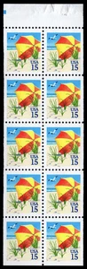 US Scott # 2443a, Beach Umbrella, Booklet Pane of (10) 1990 15¢ Stamps, MNH - Picture 1 of 1