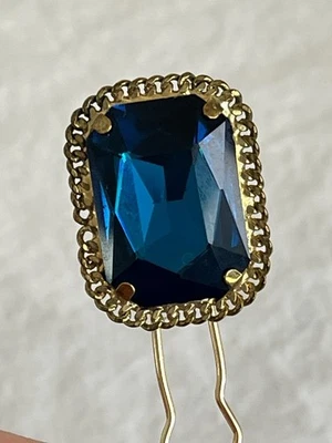 Vintage Jewelry Hair Pin Blue Acrylic Cabochon Handmade French Hair Pins - Image 1 of 4