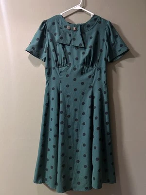 Hell Bunny Vixen Dress L Green Black Polka Dot Retro Pinup Rockabilly Swing 50s - Image 1 of 4