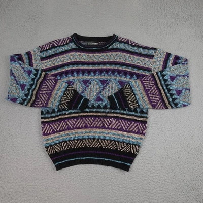 Vintage Expressions Sweater Mens Medium Purple Aztec Geometric Knit Pullover 90s - Image 1 of 4