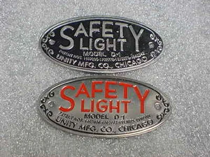 Safety Light data plate Unity MFG. Chicago acid etched brass nickel platted SPOT - Picture 1 of 1