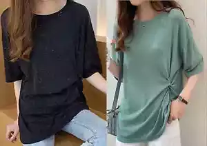 T-shirt camicetta donna casual collo rotondo vestibilità sciolta maniche corte top - Foto 1 di 8