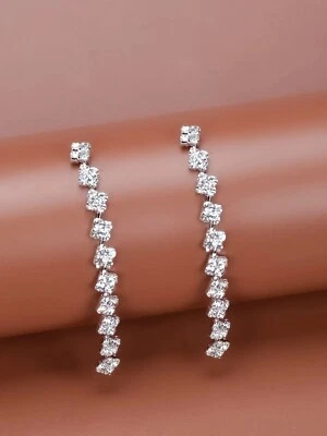 Womens Long Rhinestone Tassel Dangle Drop Decor Silver Metal Earrings Party Gift - Image 1 of 4