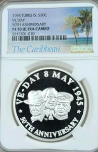 1995 TURKS & CAICOS SILVER 20 CROWNS VE DAY WWII ANNIV NGC PF 70 ULTRA CAMEO - Picture 1 of 4