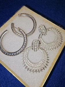 925 Sterling Silver, Lot of 2, Pierced Earrings, Hoop dangle, 1 and 1/2 inches - Picture 1 of 16