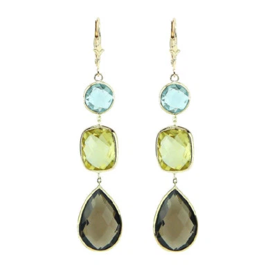 14K Yellow Gold Leverback Earrings With Lemon, Blue And Smoky Topaz Gemstones - Image 1 of 2