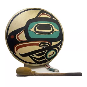 Native American Haida Painted Drum "Raven & Killer Whale" Deer Hide By FOX 1988 - Picture 1 of 11