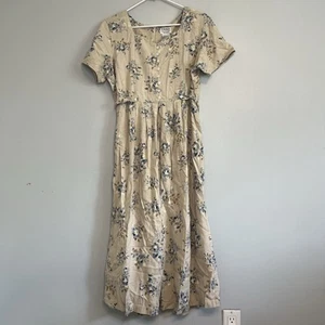 Vintage 90s 80s Erika Beige Floral Midi Dress Petite Sz L Tie Waist Peasant - Picture 1 of 17