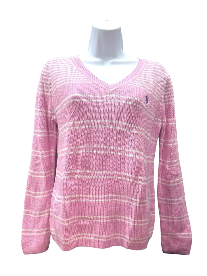 Suéter Polo EE. UU. Rosa Blanco Rayas Cuello en V Para Mujer Pequeño Preppy Y2K Old School Foto 1 de 4