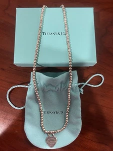 Tiffany & Co. Sterling Silver Bead Necklace with Heart Tag Pendant-16" Authentic - Picture 1 of 3