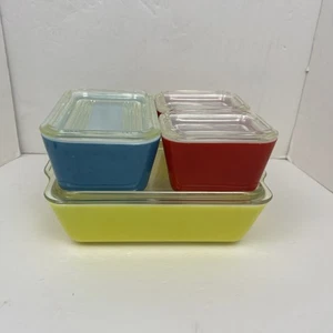 Vintage Pyrex Primary Colors 4 Pc Complete Set Refrigerator Dishes With Lids - Picture 1 of 20