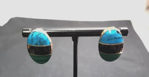 Vintage Mexican 925 Sterling Silver Turquoise Malachite Inlay Oval Stud Earrings - Picture 1 of 11