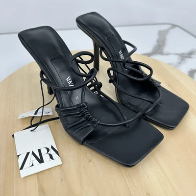 Zara Womens Leather Asymmetrical Heels Sandals Size 7 Minimalist  - Image 1 of 4