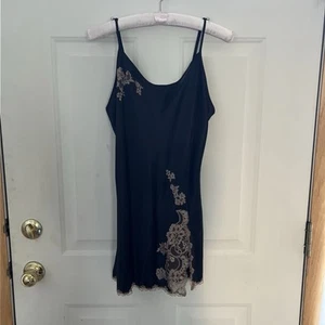 Y2K Victoria's Secret Black Satin Slip Dress Cream Lace Madison Beer Style Sz L - Picture 1 of 15