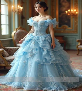 Wunderschönes blaues viktorianisches Brautkleid Stufen Spitze Schulterfrei Brautkleider - Bild 1 von 9