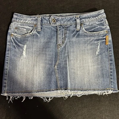 Minifalda vaquera plateada de mezclilla Kai desgastada dobladillo deshilachado cintura corta 28" Foto 1 de 4