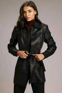 Women's Black Leather Trench Coat Real Lambskin Slim Fit Stylish Belted Overcoa - Picture 1 of 4