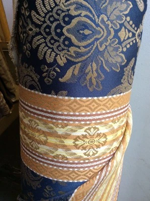 BLUE GOLD CURTAIN FABRIC  5m Navy Old Gold Damask Stripe  - Image 1 of 4